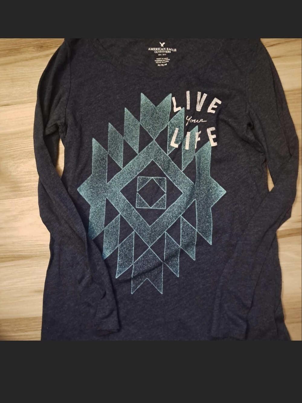 American Eagle Outfitters Navy Long Sleeve Tee with Teal Geometric Graphic